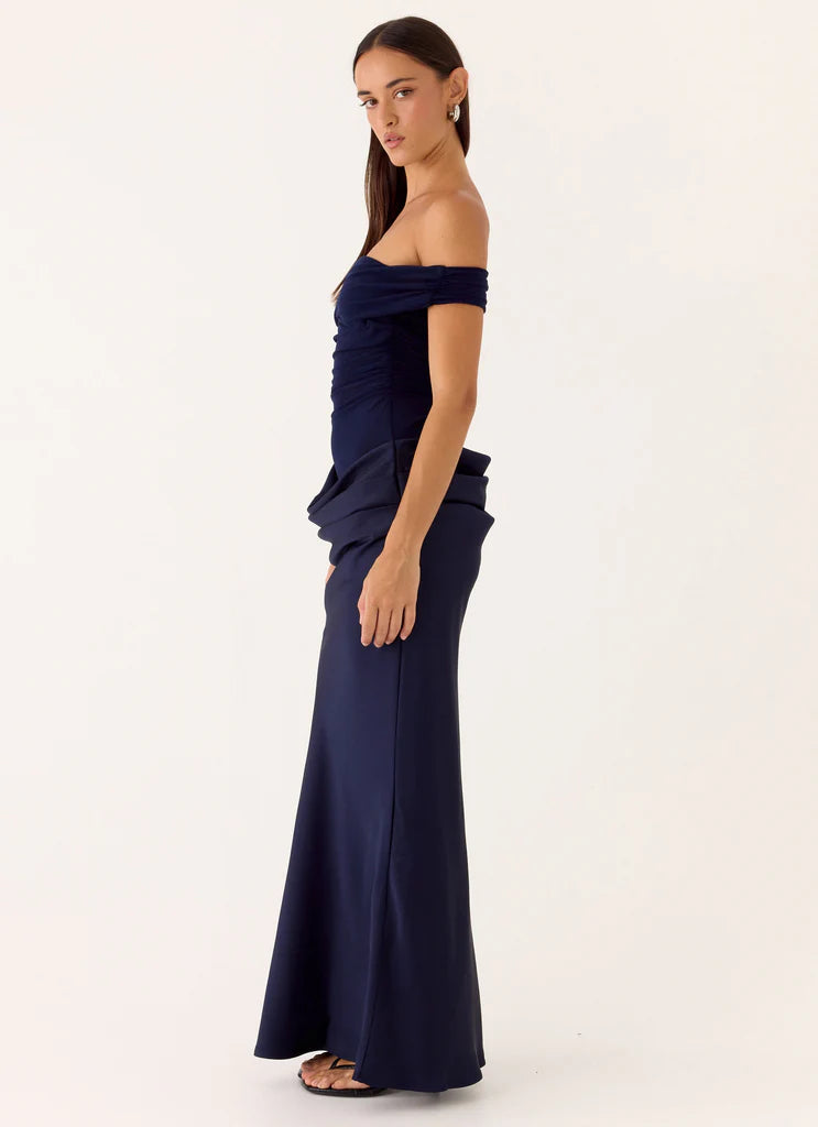 Navy Blue Off The Shoulder Ruched Mesh Satin Maxi Prom Dress for Events