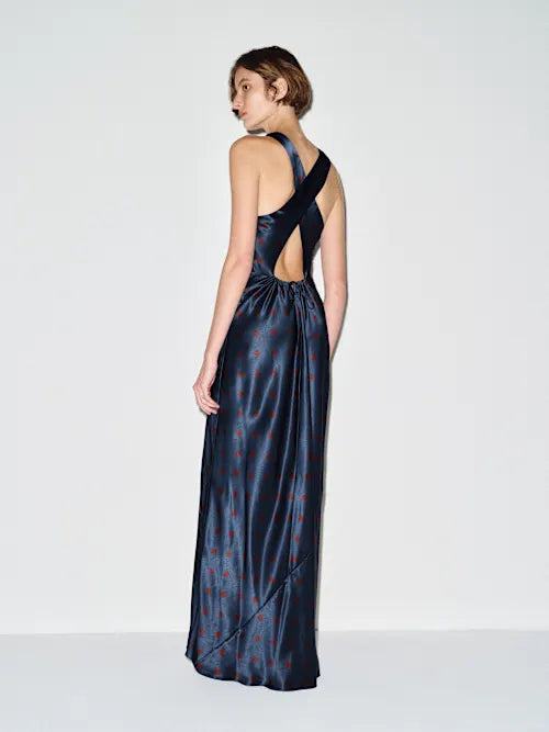 Navy Blue Satin Red Polka Dot Crisscross Open Back Maxi Prom Gown