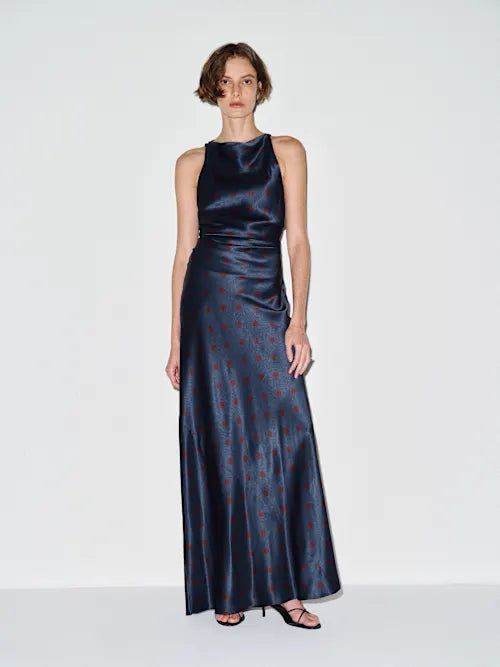 Navy Blue Satin Red Polka Dot Crisscross Open Back Maxi Prom Gown