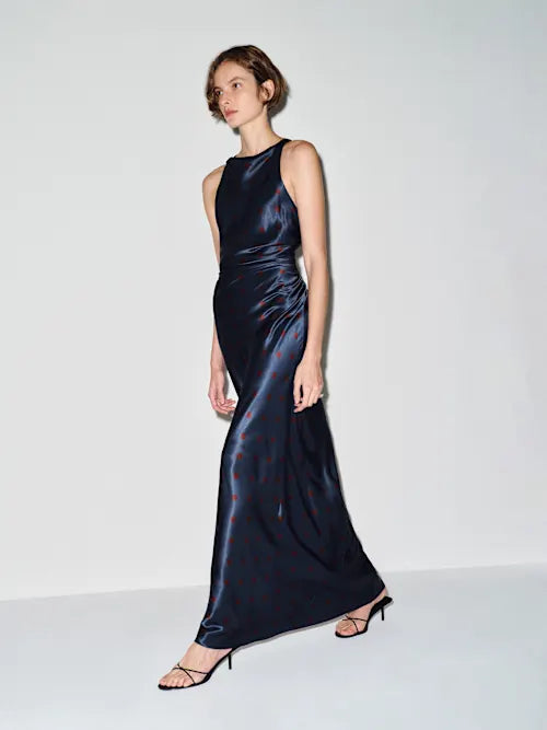 Navy Blue Satin Red Polka Dot Crisscross Open Back Maxi Prom Gown