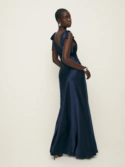 Navy Blue Satin Tie-Strap Deep V-Neck Maxi Prom Dress