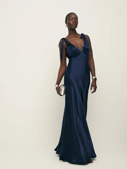 Navy Blue Satin Tie-Strap Deep V-Neck Maxi Prom Dress