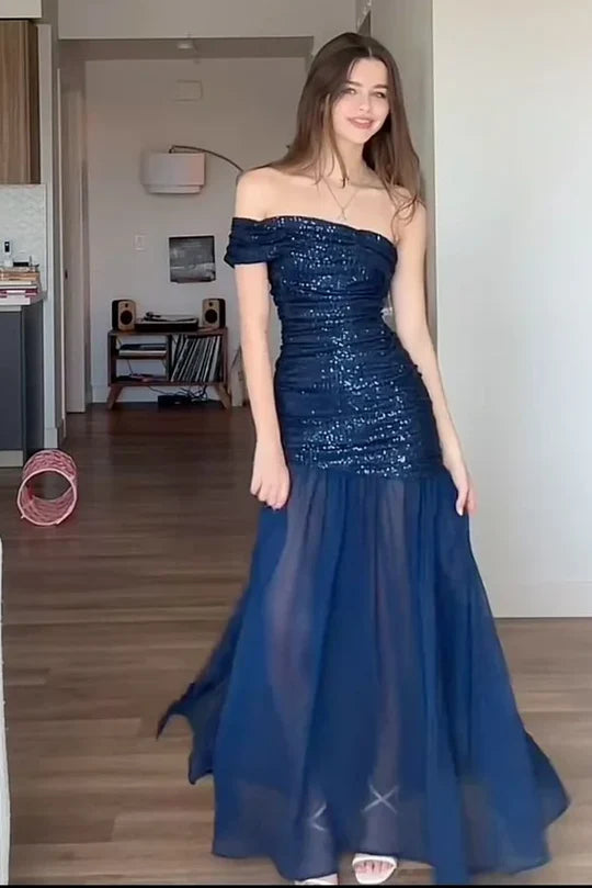 Navy Blue Sequin Off Shoulder Ruched Chiffon Maxi Dress with High Slit