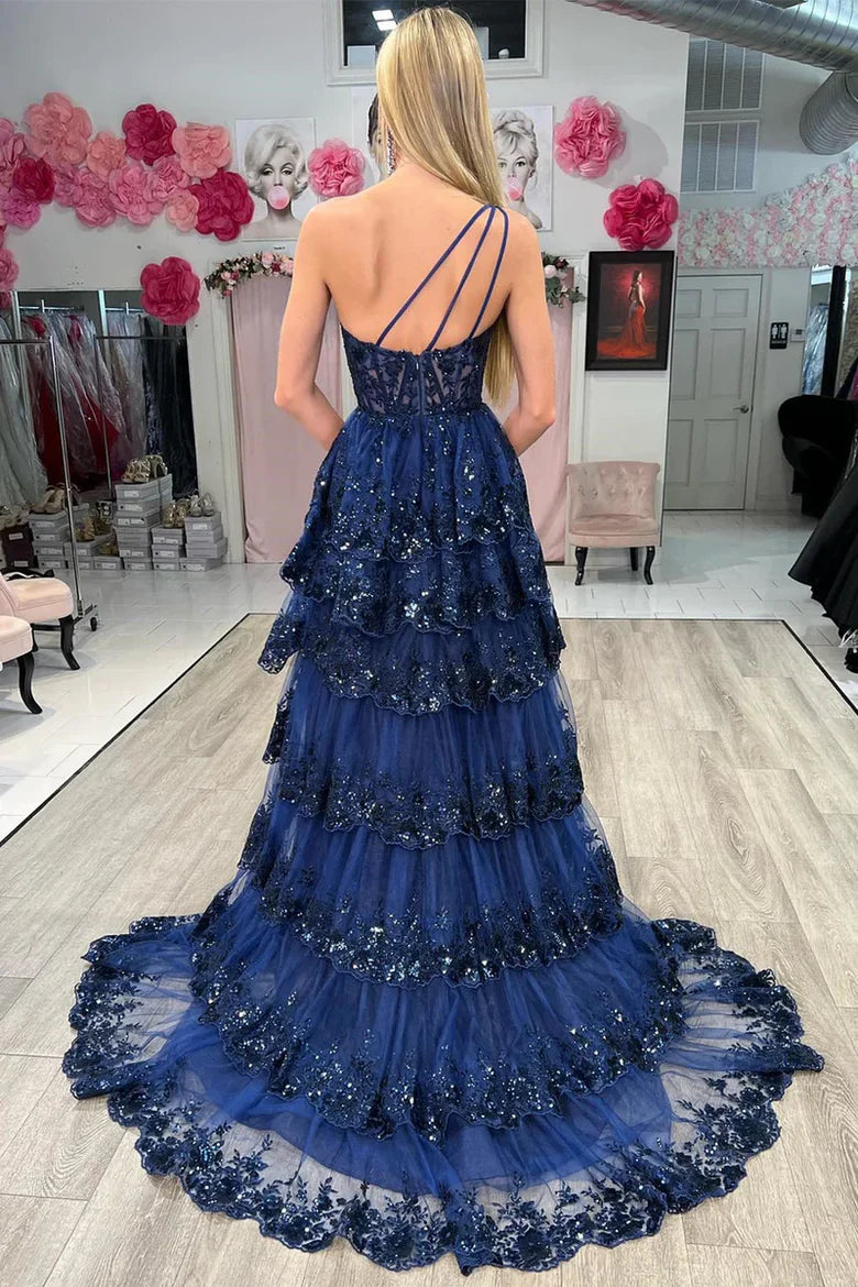 Navy Blue Sequin One-Shoulder Tiered Ruffle Prom Dress with High Slit