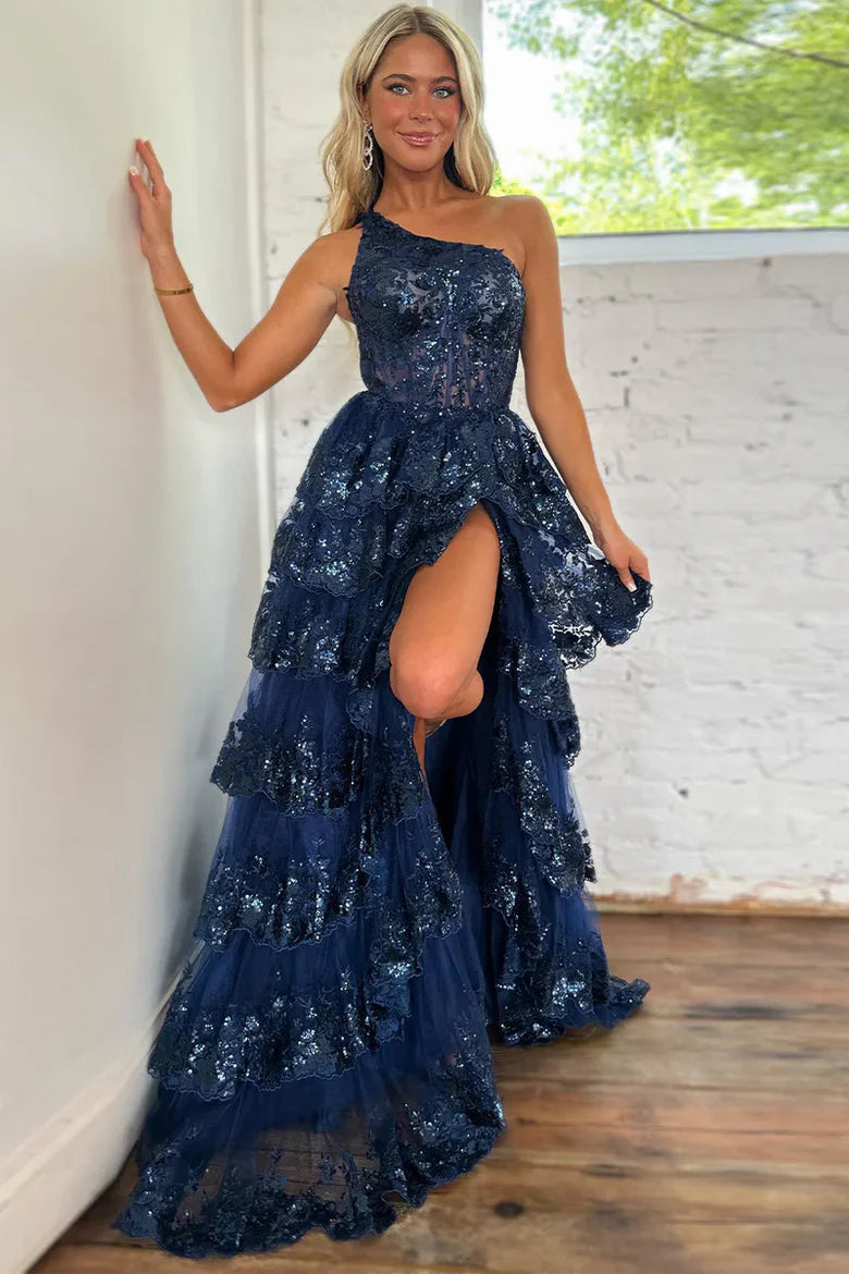 Navy Blue Sequin One-Shoulder Tiered Ruffle Prom Dress with High Slit