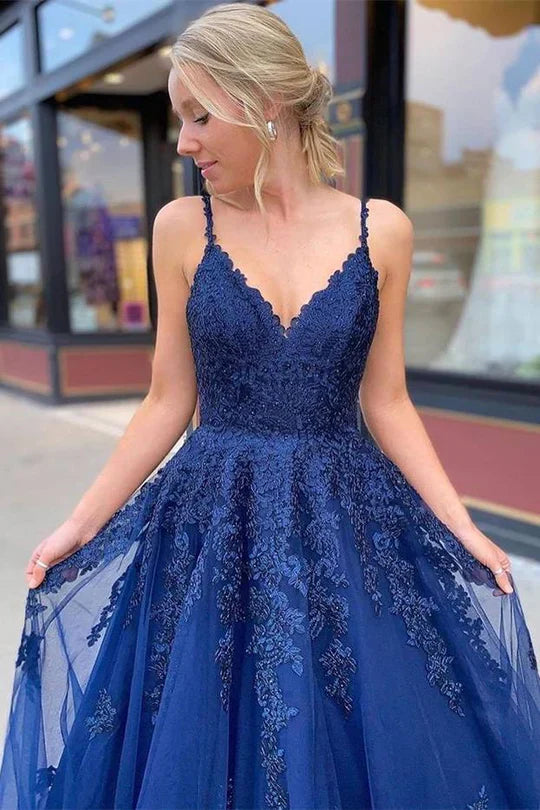 Navy Blue Spaghetti Strap Ball Gown Prom Dress with Lace Appliqué and Lace-Up Back