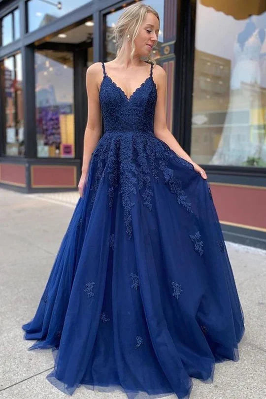 Navy Blue Spaghetti Strap Ball Gown Prom Dress with Lace Appliqué and Lace-Up Back