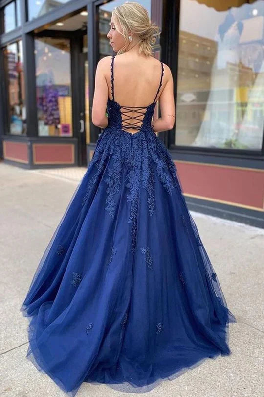 Navy Blue Spaghetti Strap Ball Gown Prom Dress with Lace Appliqué and Lace-Up Back