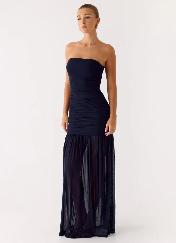 Navy Blue Strapless Ruched Mesh High Slit Maxi Prom Dress