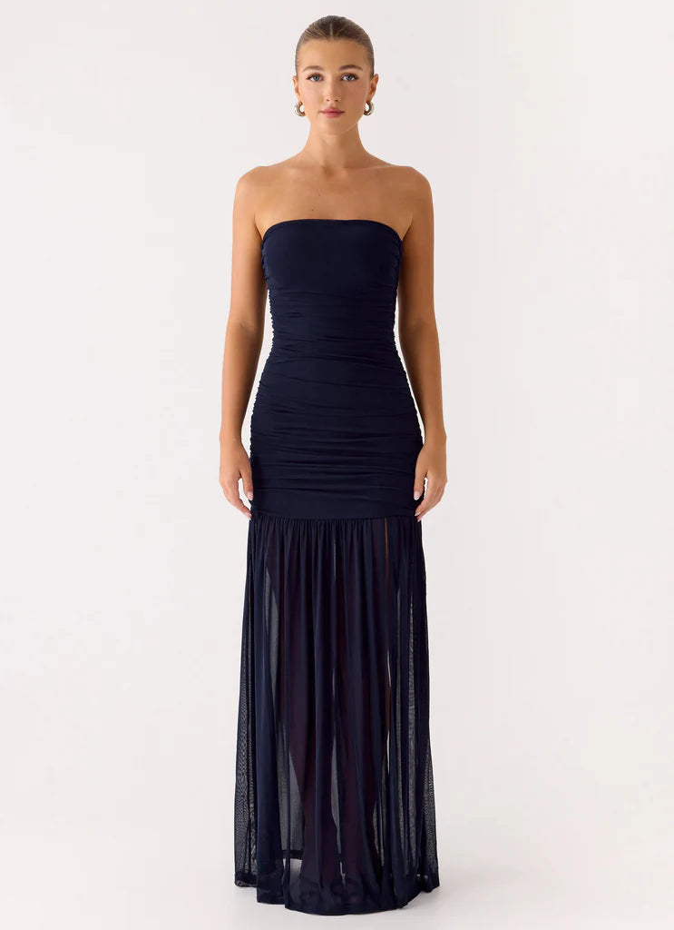 Navy Blue Strapless Ruched Mesh High Slit Maxi Prom Dress