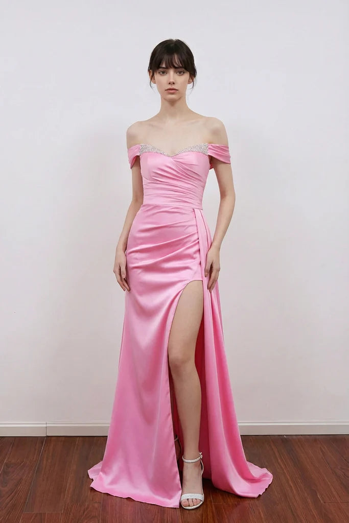 Off-The-Shoulder Beaded Ruched Lace-Up Back Satin Mermaid Slit Prom Dresses (Hot Pink)