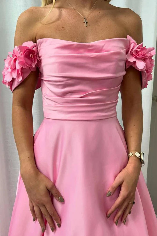 Off-the-Shoulder Hot Pink Satin Ball Gown with 3D Floral Appliqués and Pockets