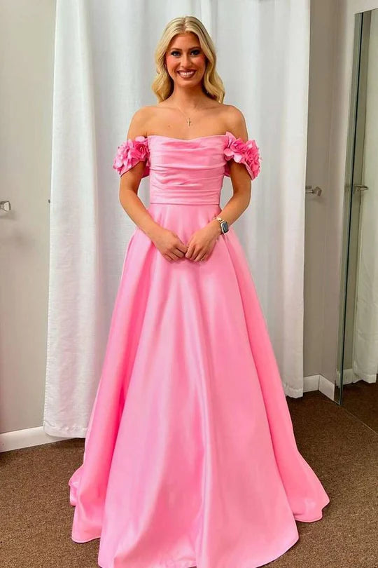 Off-the-Shoulder Hot Pink Satin Ball Gown with 3D Floral Appliqués and Pockets