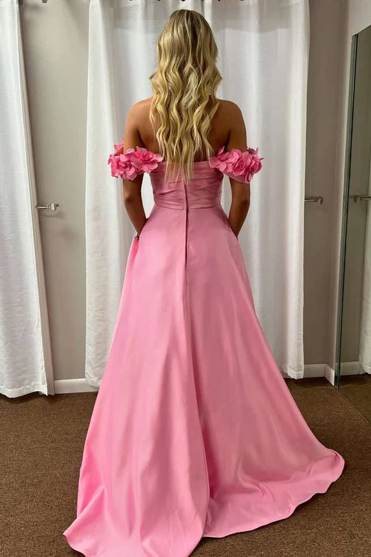 Off-the-Shoulder Hot Pink Satin Ball Gown with 3D Floral Appliqués and Pockets