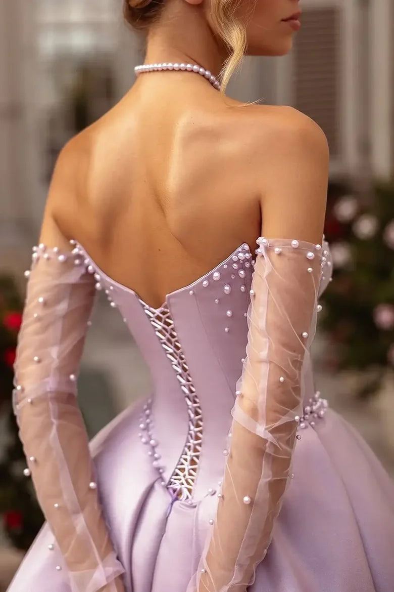 Off-the-Shoulder Lavender Satin Ball Gown with Pearl Detailing and Detachable Tulle Sleeves