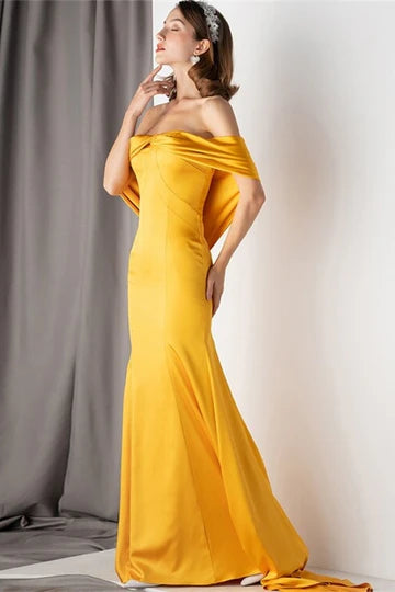Off-the-Shoulder Mustard Yellow Satin Mermaid Prom Dress with Draped Sleeves