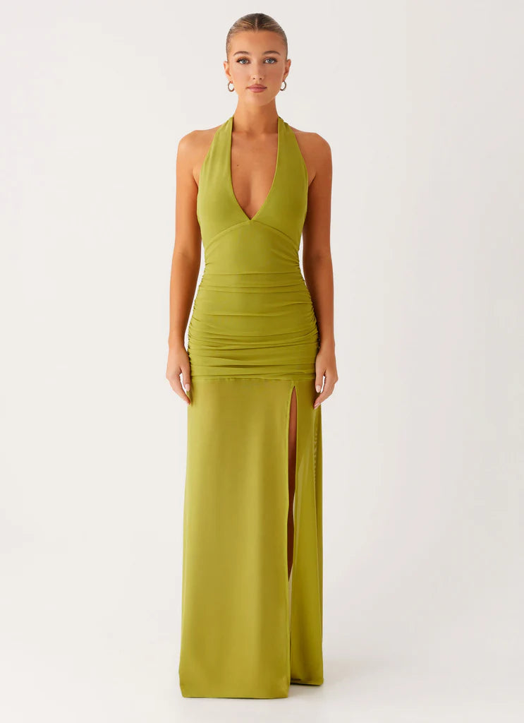 Olive Green Halter Neck Ruched Backless Maxi Dress with Slit For Elegant Formal Evening Events