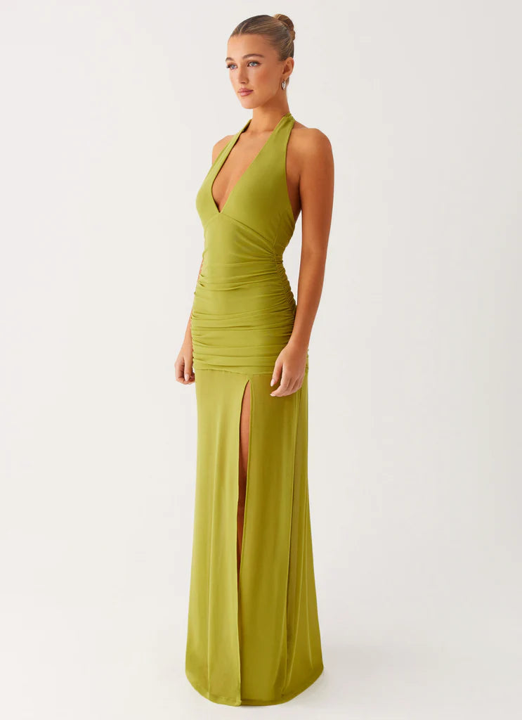 Olive Green Halter Neck Ruched Backless Maxi Dress with Slit For Elegant Formal Evening Events