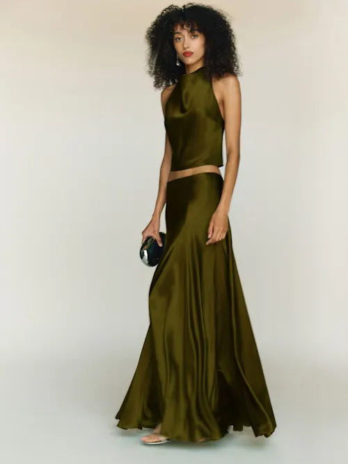 Olive Green Satin Cowl Neck Halter Crop Top Prom dress