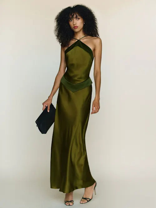 Olive Green Satin Halter Neck Open Back Maxi Prom Dress
