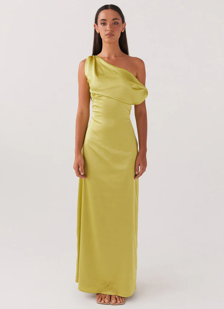 Olive Green Satin One Shoulder Draped Maxi Dress For Elegant Formal Party Events