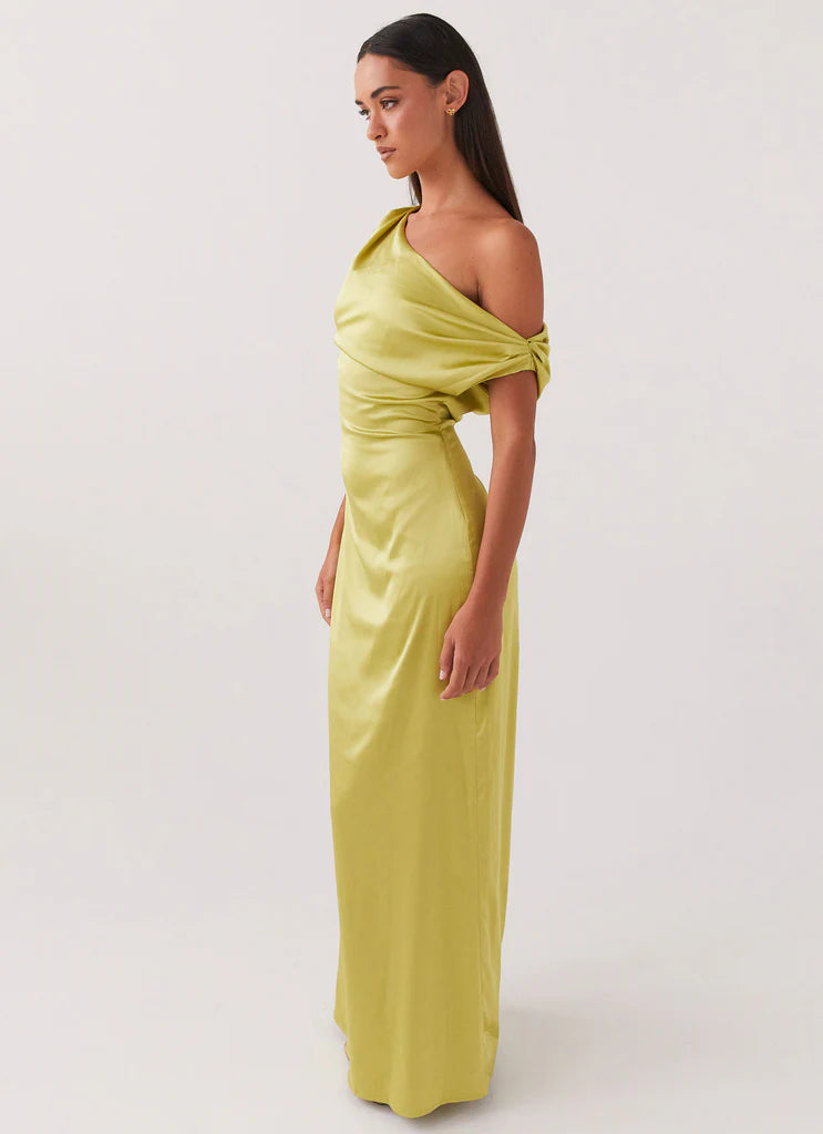Olive Green Satin One Shoulder Draped Maxi Dress For Elegant Formal Party Events
