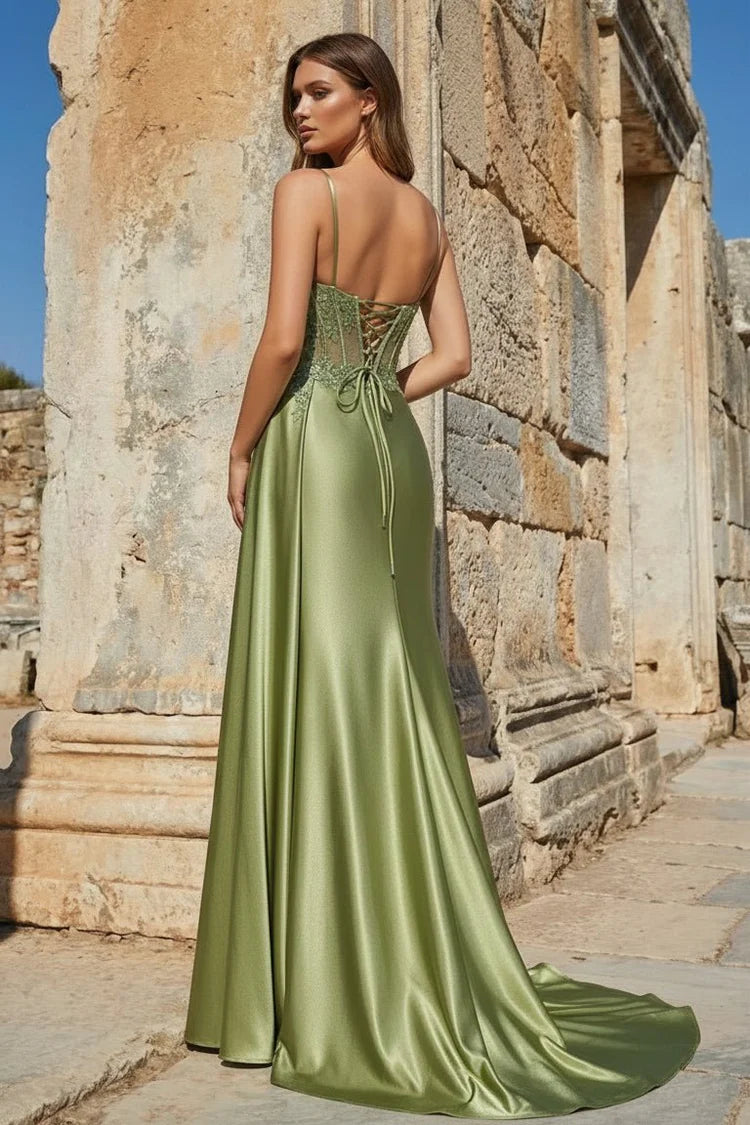 Olive Green Satin Sequins Lace with High Slit Train Prom Dress