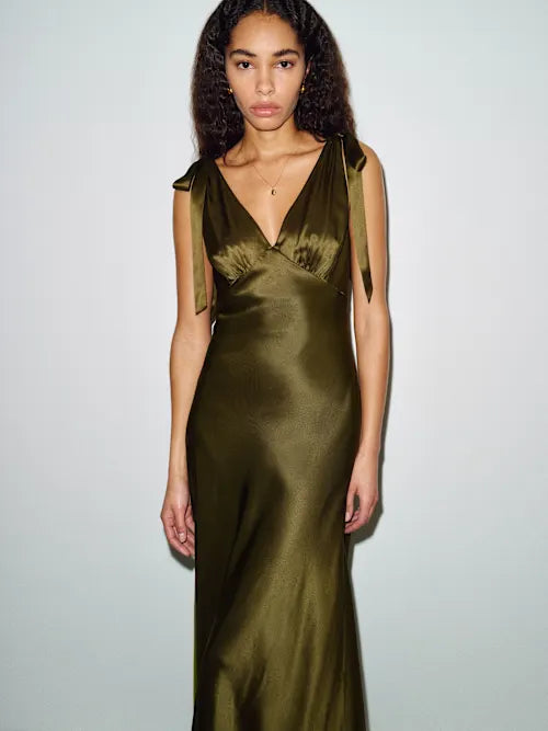 Olive Green Satin Tie-Strap Deep V Open Back Maxi Prom Gown