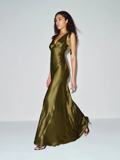 Olive Green Satin Tie-Strap Deep V Open Back Maxi Prom Gown