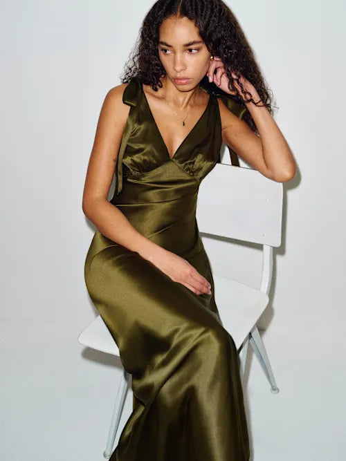 Olive Green Satin Tie-Strap Deep V Open Back Maxi Prom Gown