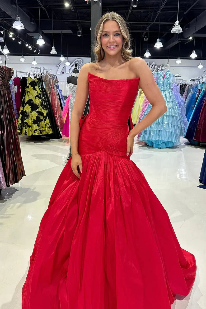 One-Shoulder Red Satin Mermaid Prom Dress with Back Bow and Train for Formal Events