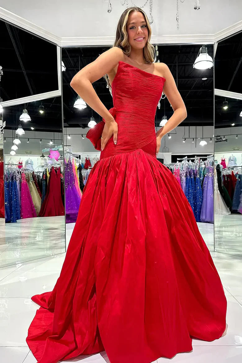 One-Shoulder Red Satin Mermaid Prom Dress with Back Bow and Train for Formal Events