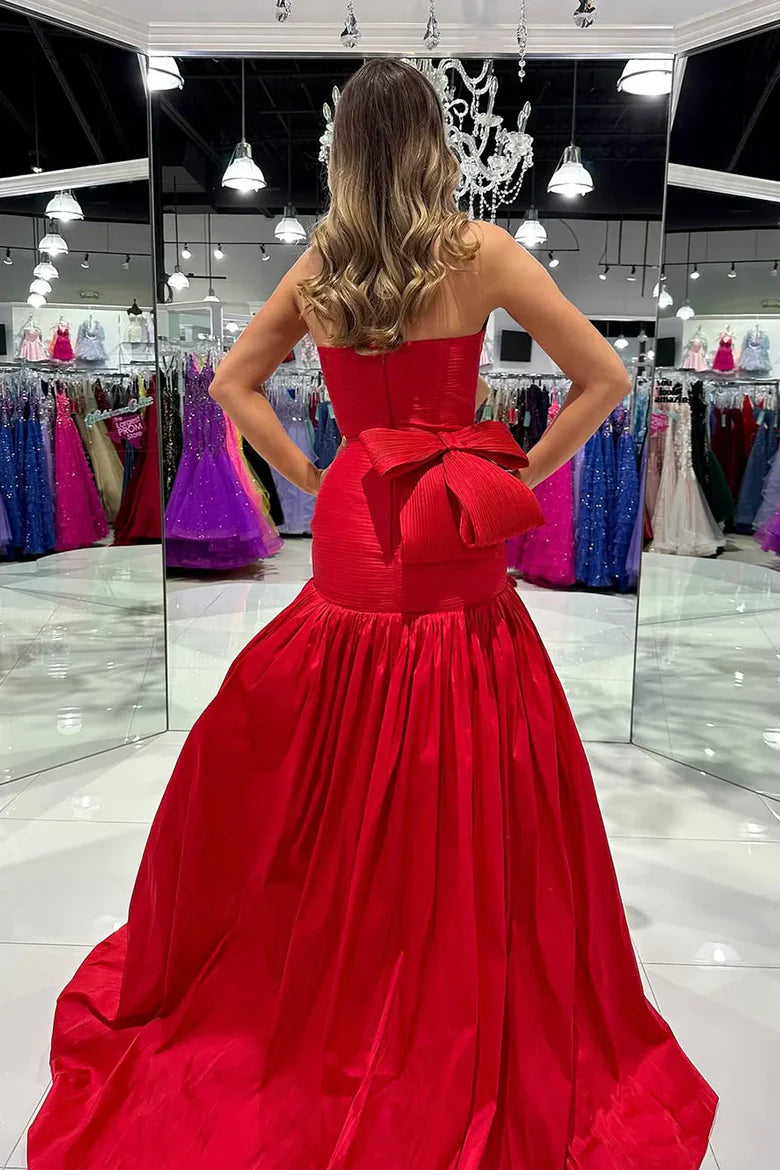 One-Shoulder Red Satin Mermaid Prom Dress with Back Bow and Train for Formal Events