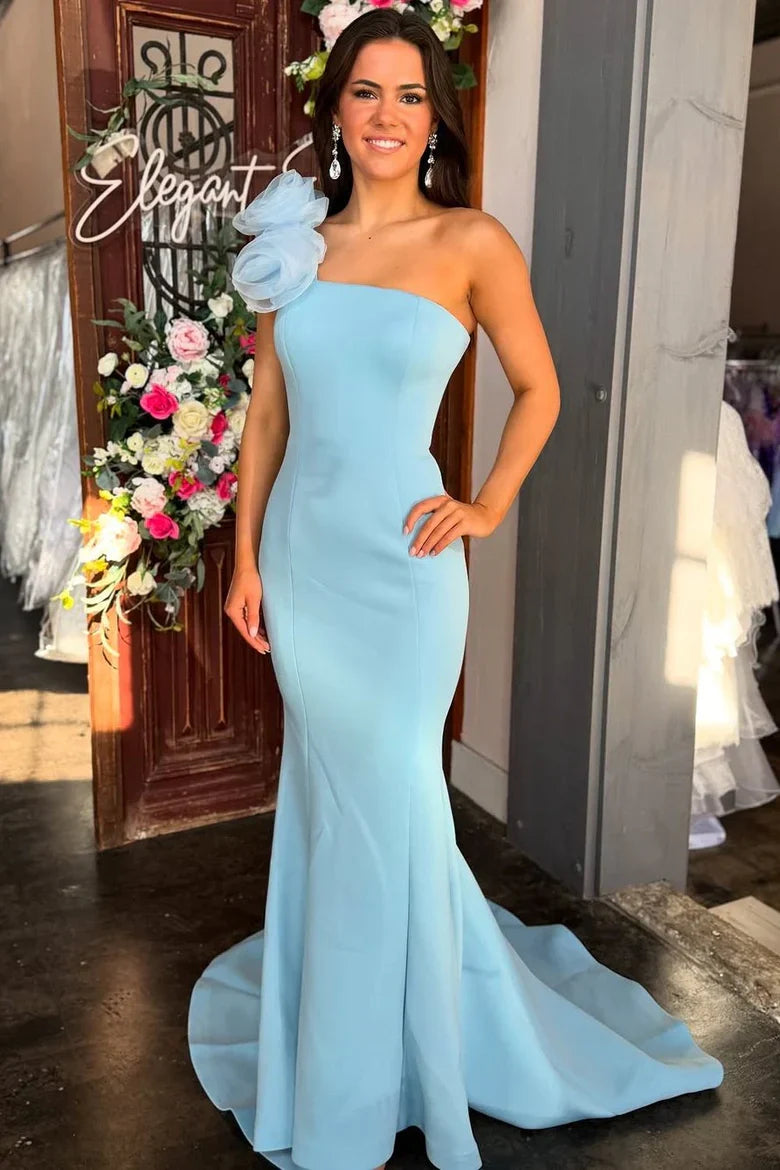 One-Shoulder Sky Blue Mermaid Prom Dress with 3D Tulle Flower Accent