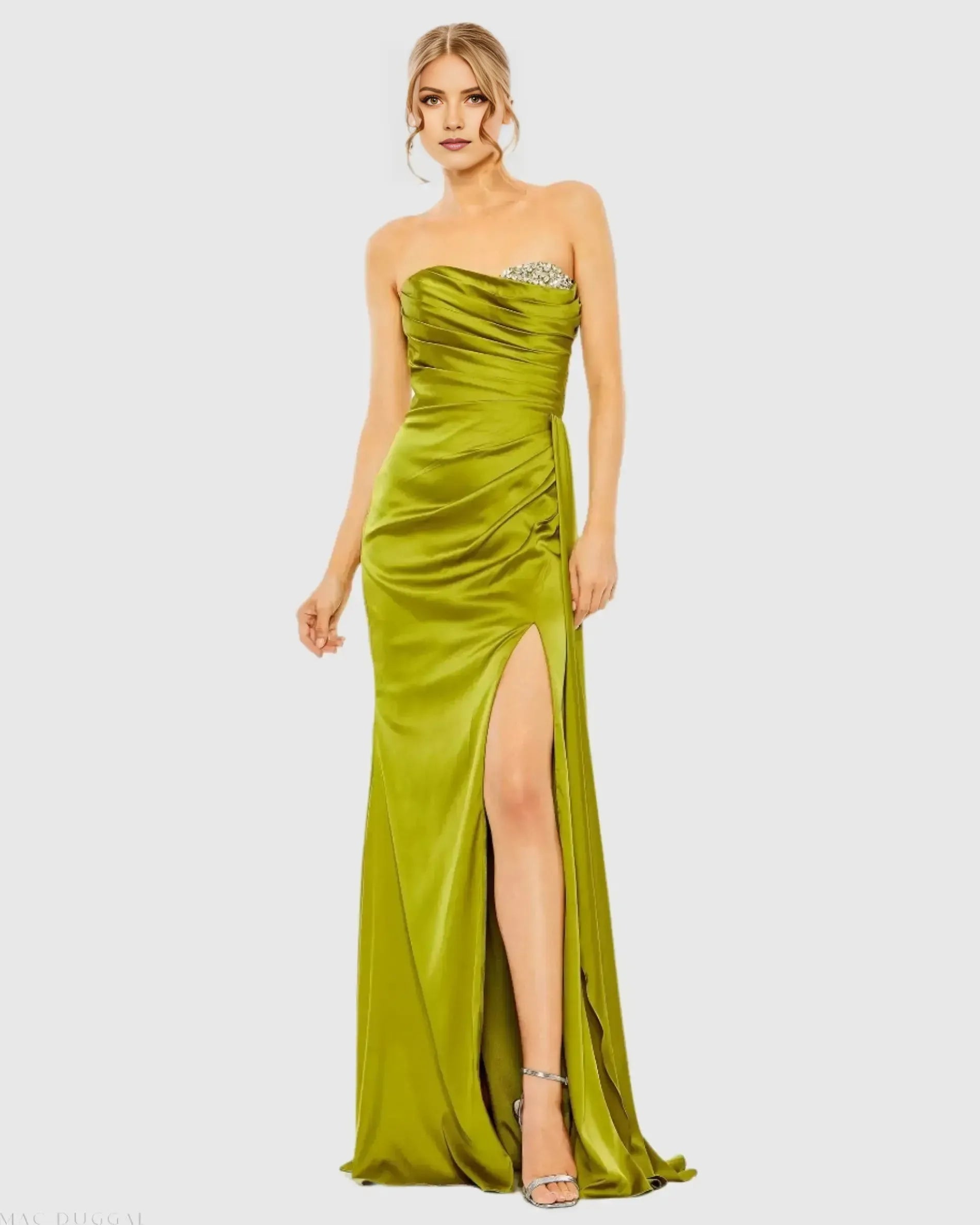 Opulent Apple Green Mermaid Sweetheart Neckline Strapless Crystal-Trim Back Zip Floor-Length Satin Slit Prom Dress