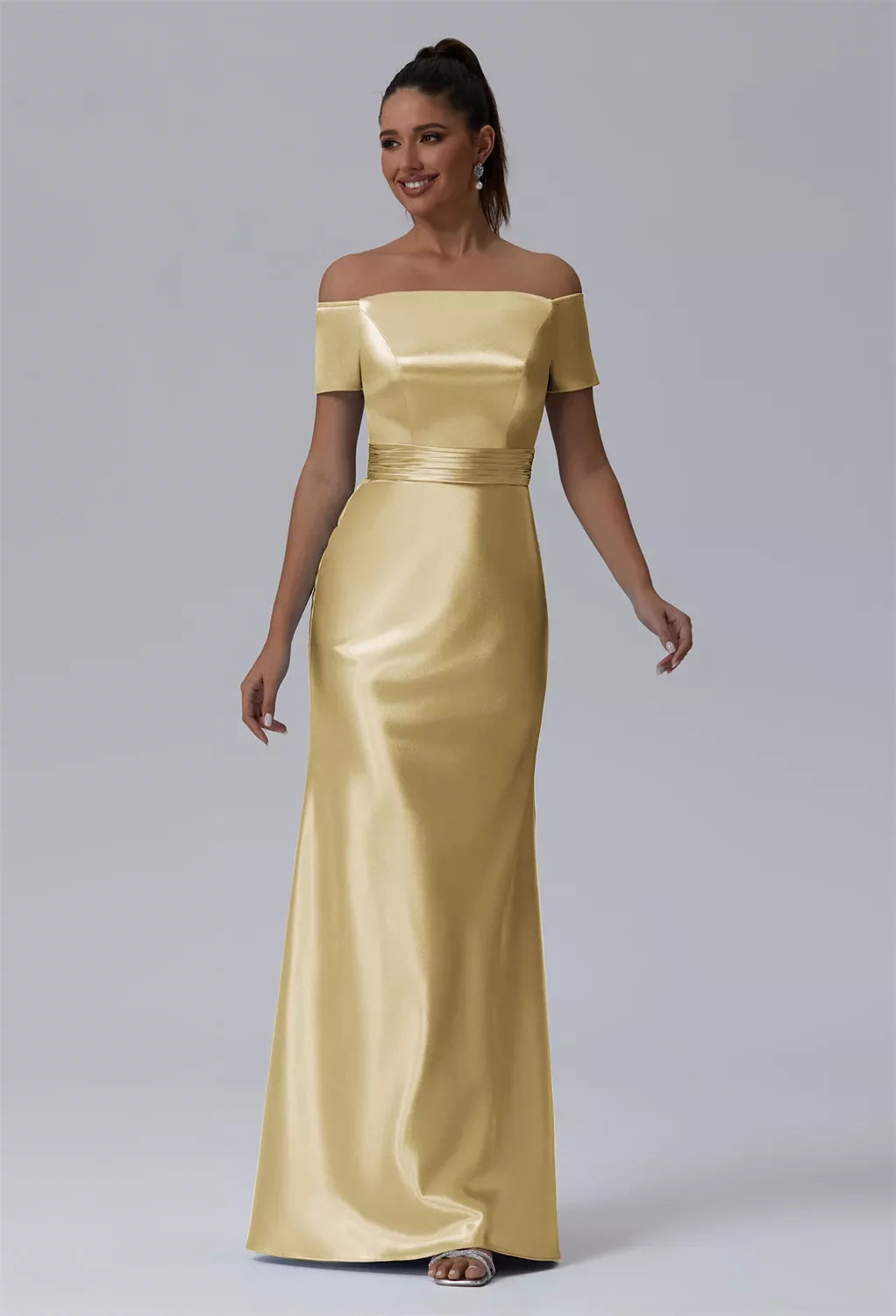 Opulent Mermaid Off-Shoulder Short Sleeve Solid Back Floor-Length Evening Dresses