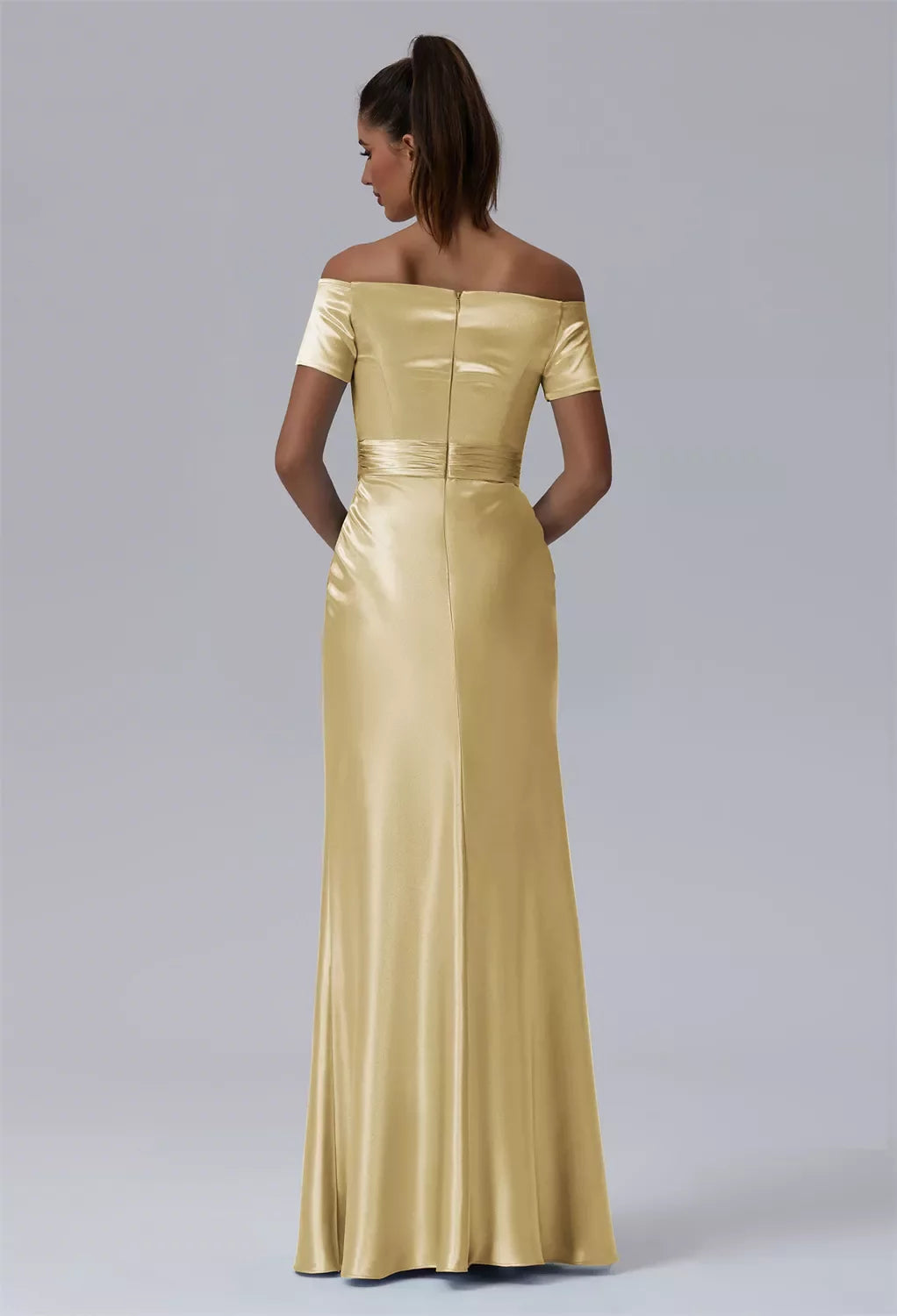 Opulent Mermaid Off-Shoulder Short Sleeve Solid Back Floor-Length Evening Dresses