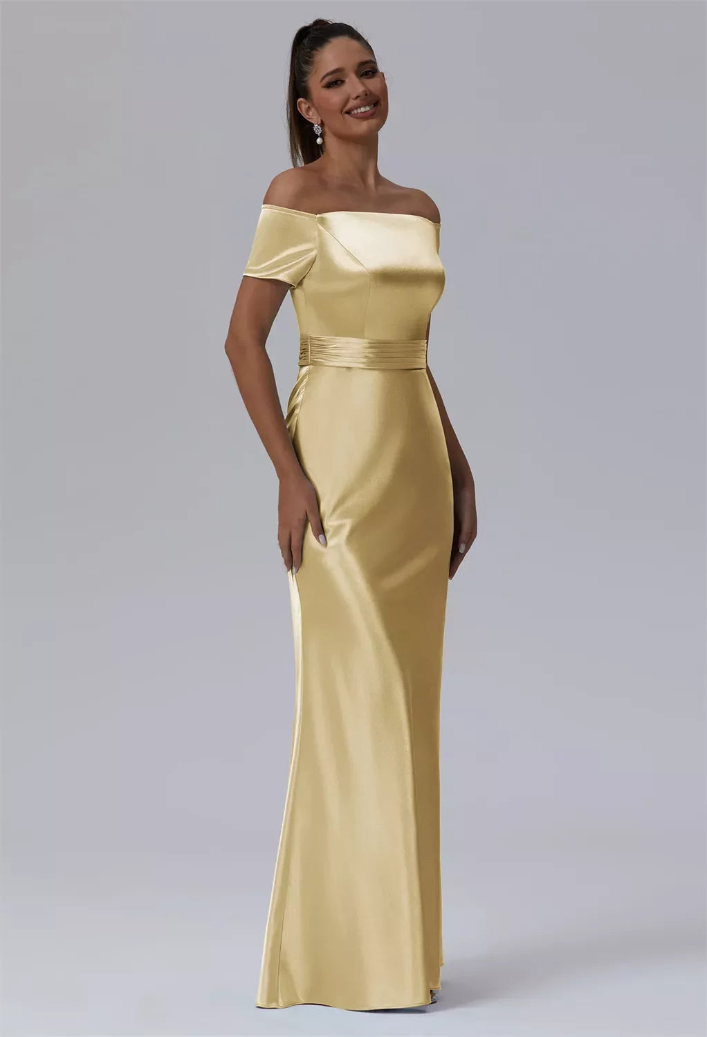 Opulent Mermaid Off-Shoulder Short Sleeve Solid Back Floor-Length Evening Dresses