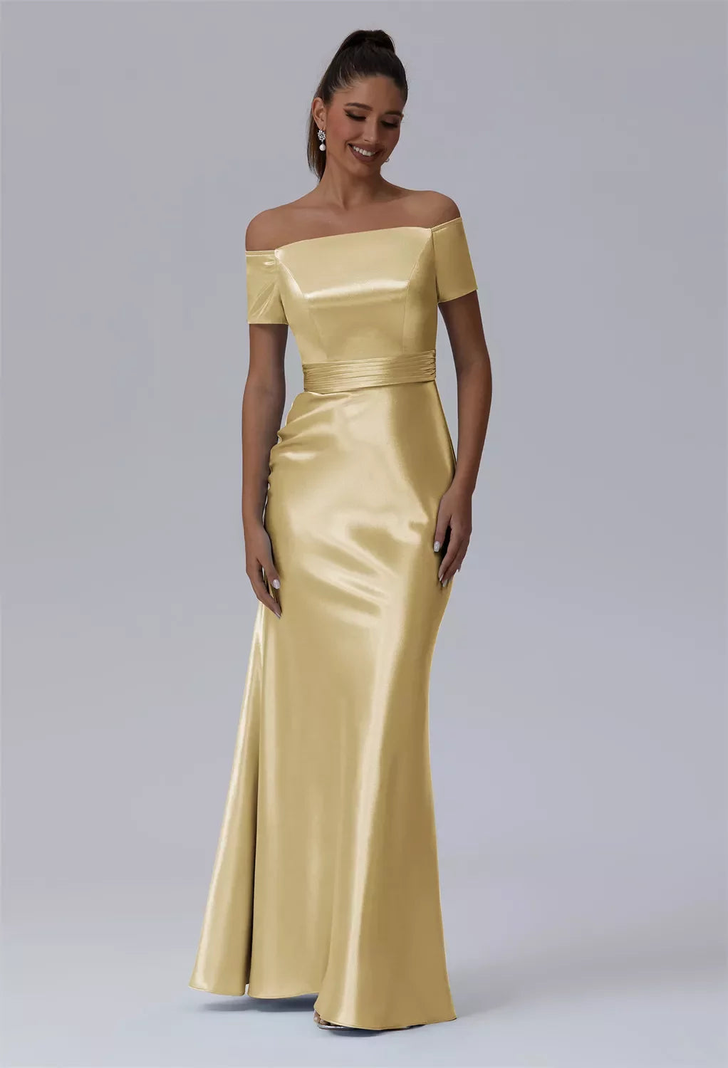 Opulent Mermaid Off-Shoulder Short Sleeve Solid Back Floor-Length Evening Dresses
