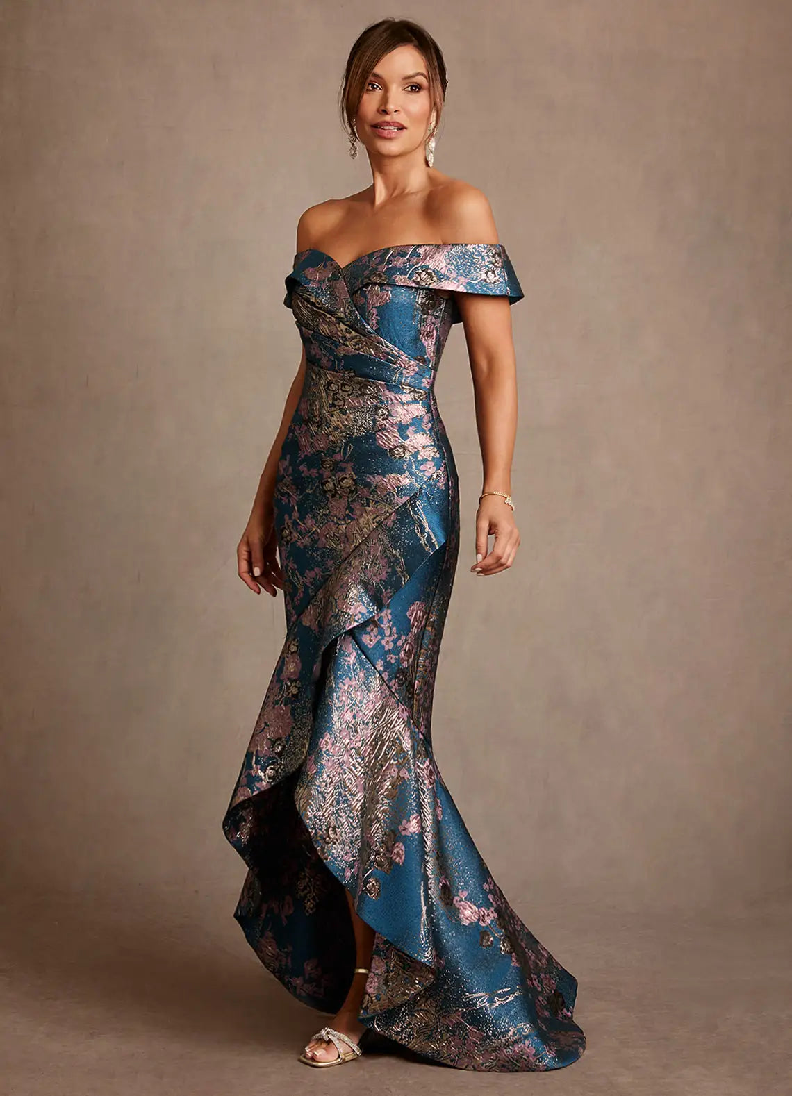 Opulent Trumpet Off-the-Shoulder Cap Sleeve High-Low Mother of the Bride Dress