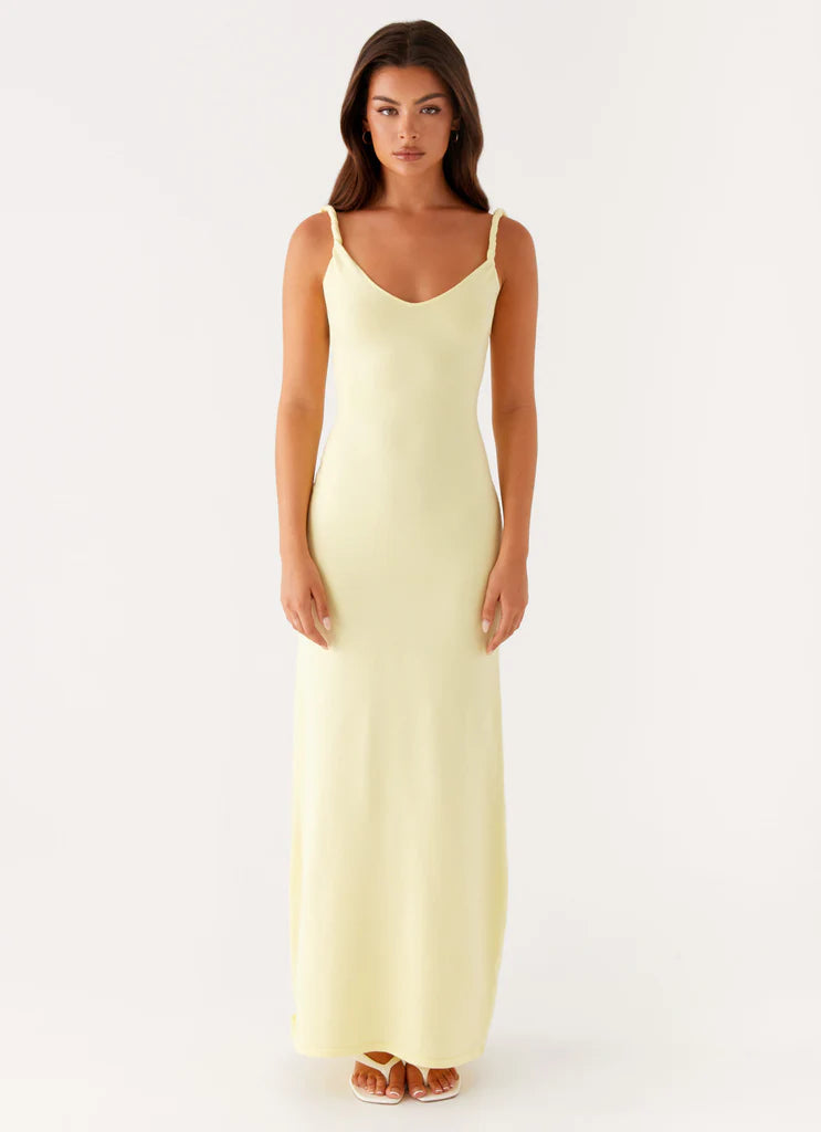 Pale Yellow Ribbed Twisted Strap Backless Maxi Dress For Elegant Casual Party Events