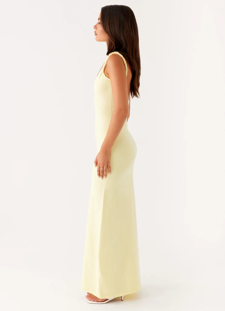 Pale Yellow Ribbed Twisted Strap Backless Maxi Dress For Elegant Casual Party Events