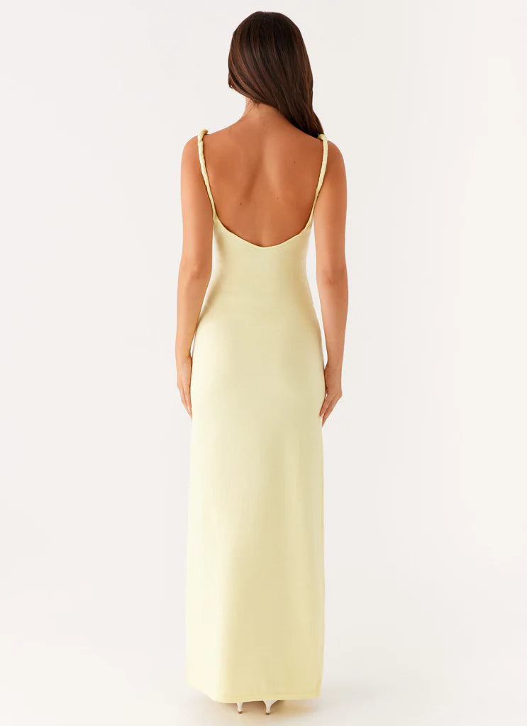 Pale Yellow Ribbed Twisted Strap Backless Maxi Dress For Elegant Casual Party Events