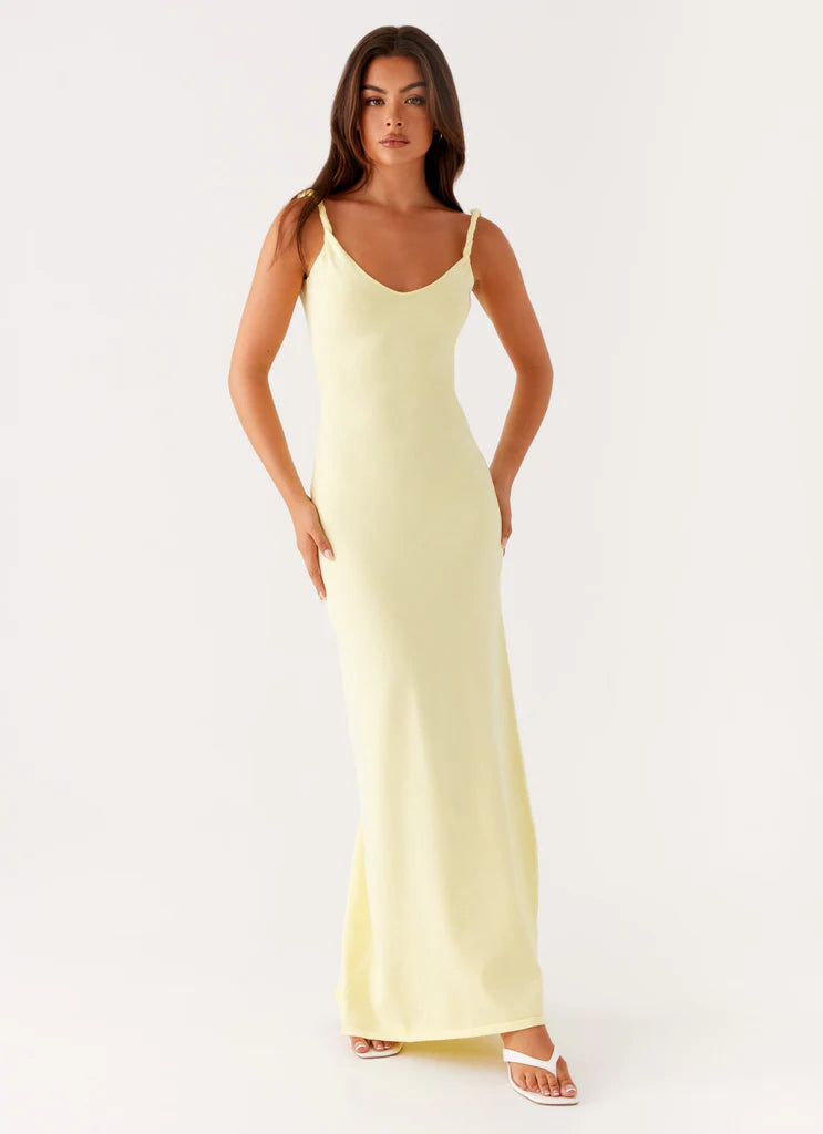 Pale Yellow Ribbed Twisted Strap Backless Maxi Dress For Elegant Casual Party Events