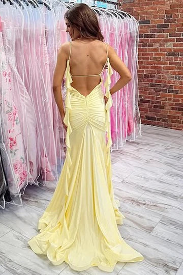 Pale Yellow Spaghetti Strap Mermaid Prom Dress with Ruffle Side Detail and High Slit