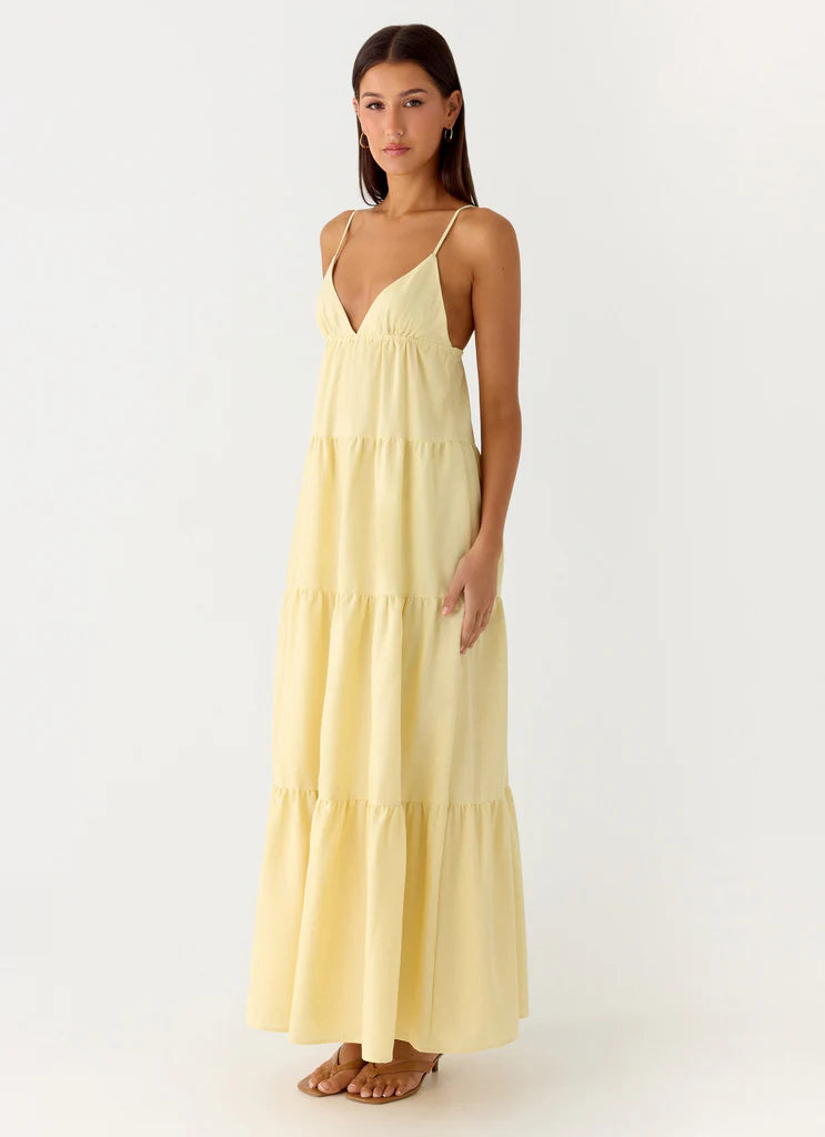 Pale Yellow Spaghetti Strap Tiered Maxi Sundress For Elegant Casual Summer Events