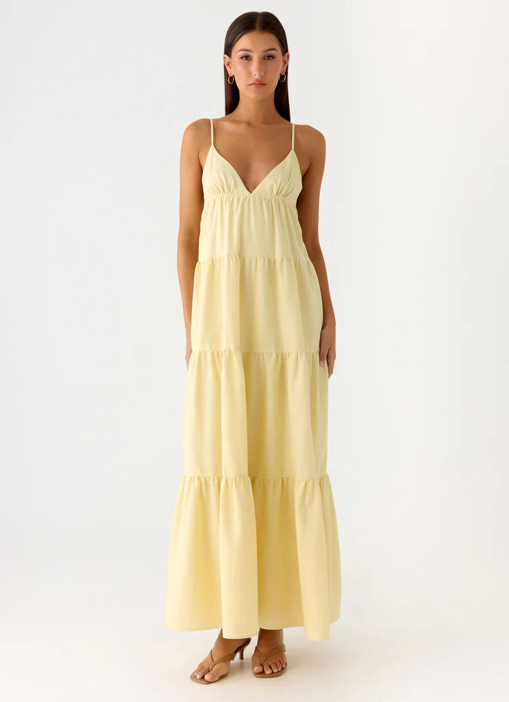Pale Yellow Spaghetti Strap Tiered Maxi Sundress For Elegant Casual Summer Events