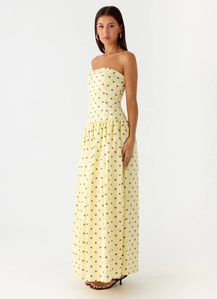 Pale Yellow Strapless Polka Dot Flared Maxi Dress For Elegant Casual Party Events