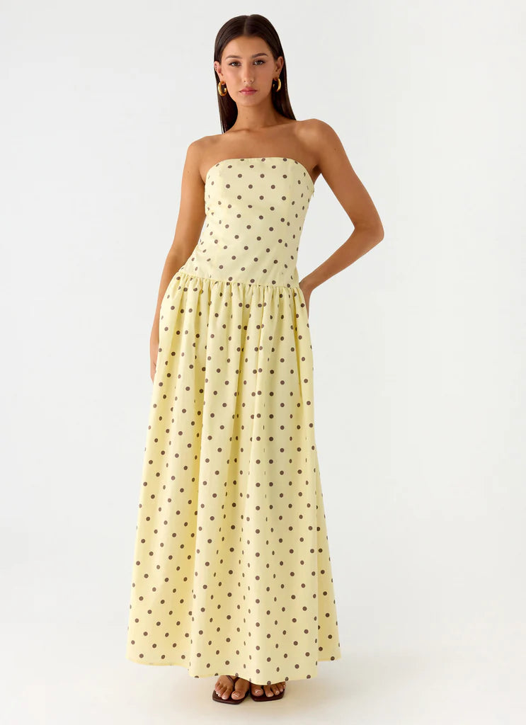 Pale Yellow Strapless Polka Dot Flared Maxi Dress For Elegant Casual Party Events