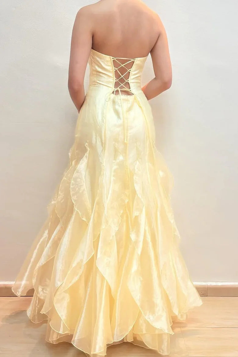 Pale Yellow Strapless Ruffle Mermaid Maxi Dress with Lace-Up Back